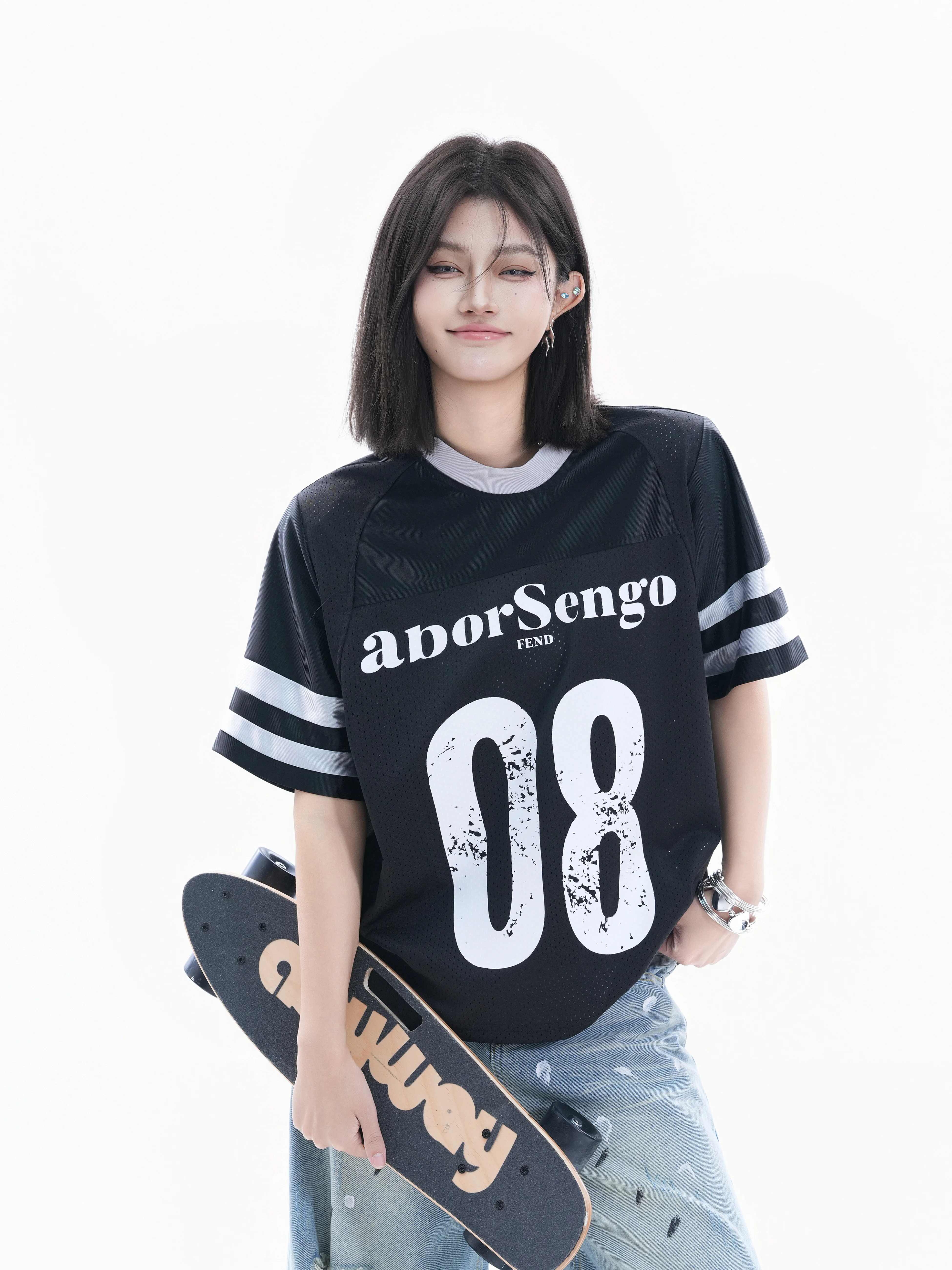 

Loose Short Sleeve T-Shirt Women's Numeric Print Casual Street Style Couple's Top American Retro Sporty Design Polyester