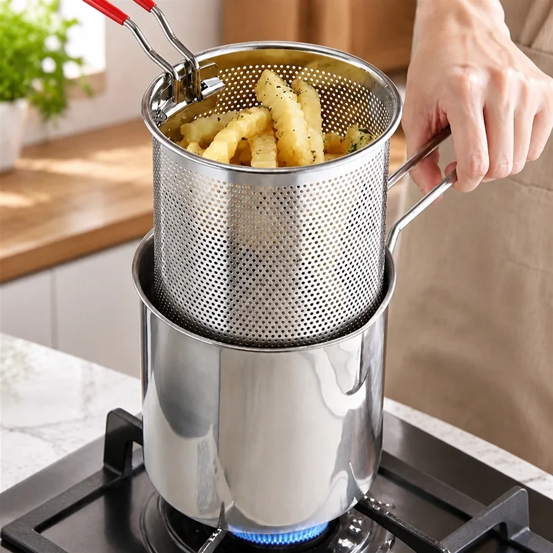 Home Kitchen Deep Fryer with Oil Strainer and Basket, Stainless Steel Compact Design for Crispy Fries and Chicken Wings