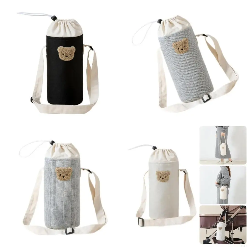 

97BE Portable Baby Bottle Carrying Case Storage Bag for Easy Feeding Water Cup Organiser with Lovely Bear Embroidery