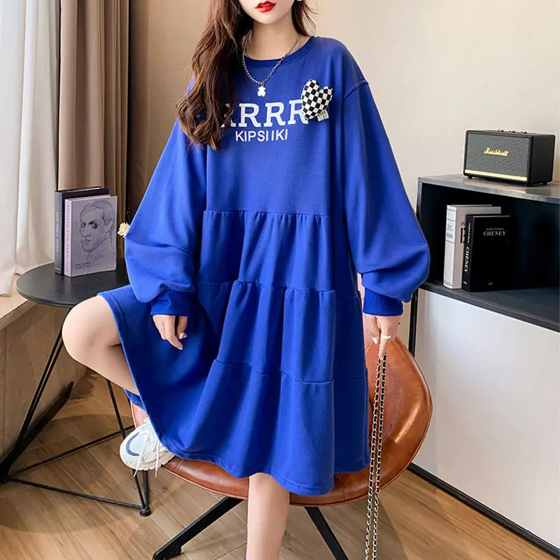 Fashion O-Neck Loose Spliced Printed Letter Folds Midi Dress Female Clothing 2024 Spring New Oversized All-match Casual Dresses