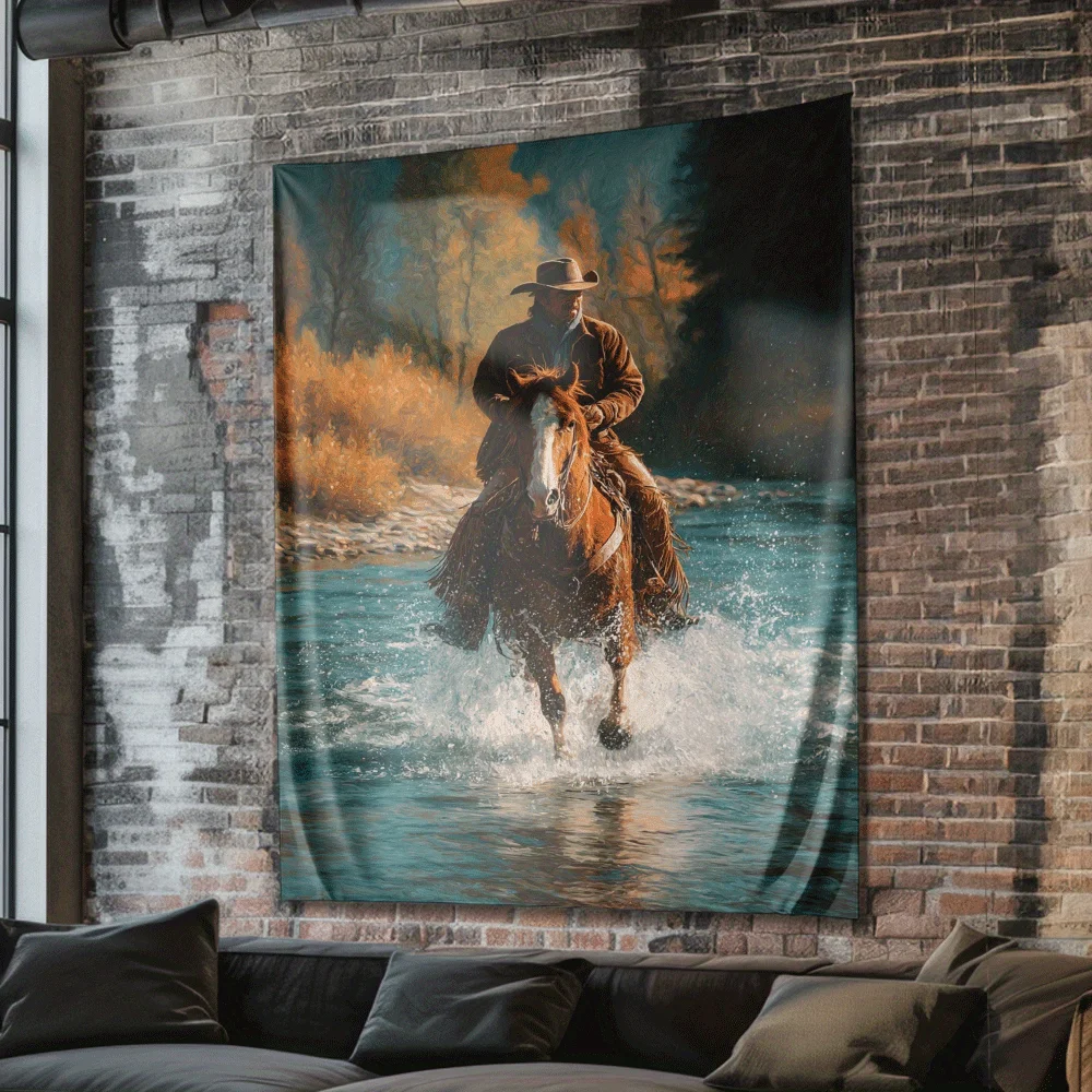 cowboy crosses the river Digital printing polyester wall tapestry suitable for use in living rooms bedrooms offices bars party