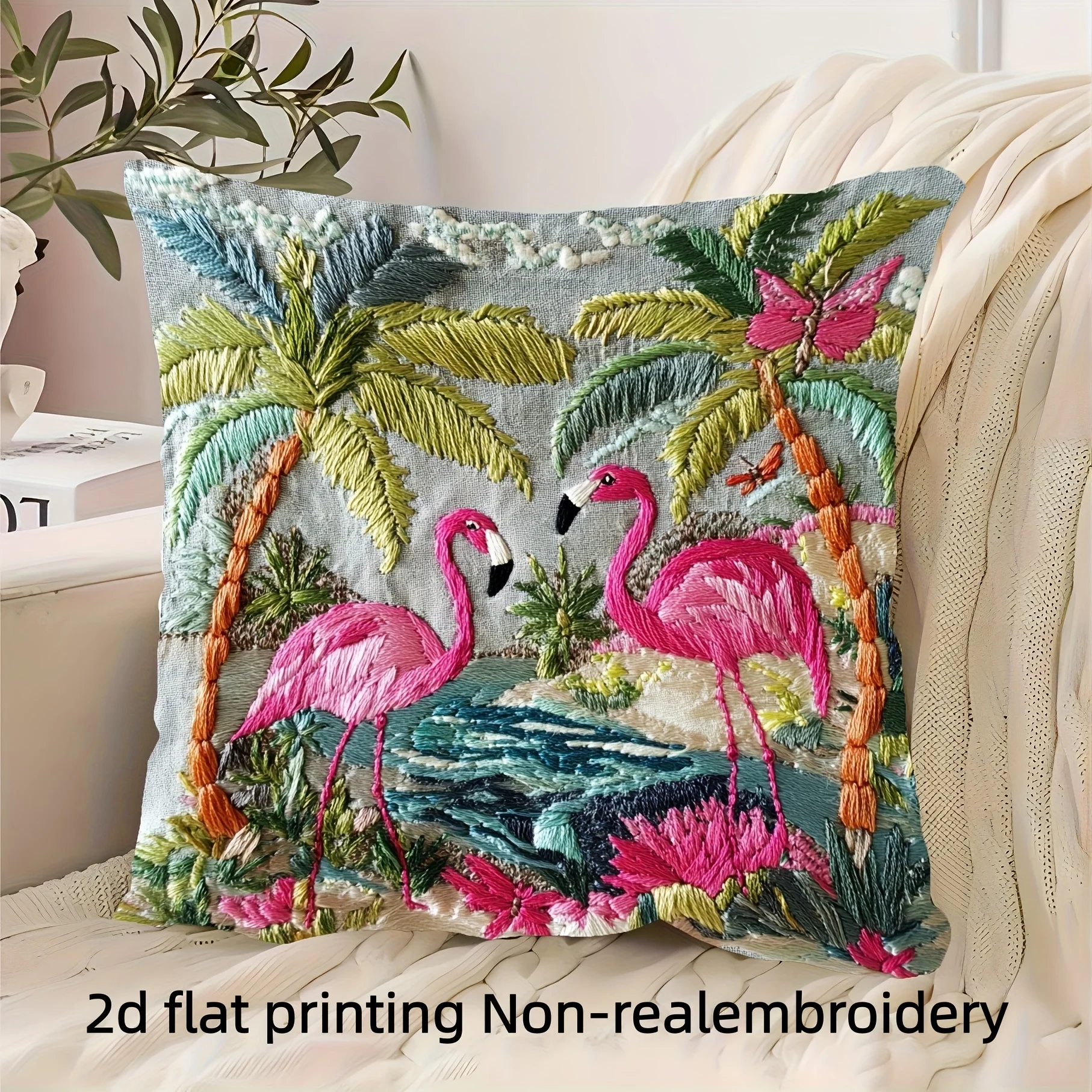 Doppelseitiger Flamingo-Tropen-Print Kissenbezug Boho Palmen- und Schmetterlings-Motiv Dekokissenbezug für Wohnungsdekoration