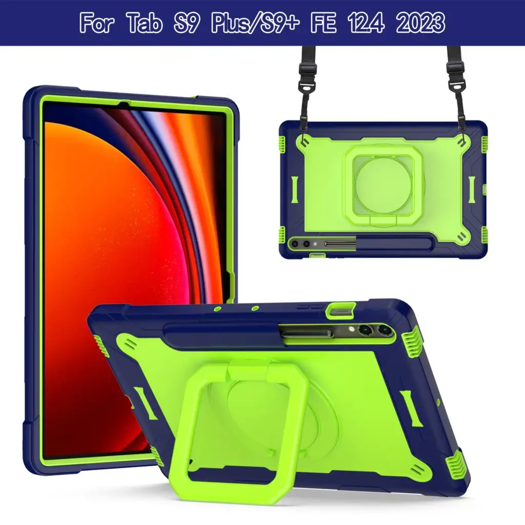 

Rotating Case for Samsung Galaxy Tab S9 FE Plus SM-810 X816B X610 X616B Kids Funda Cover Shoulder Strap Handle Grip Pen Holder