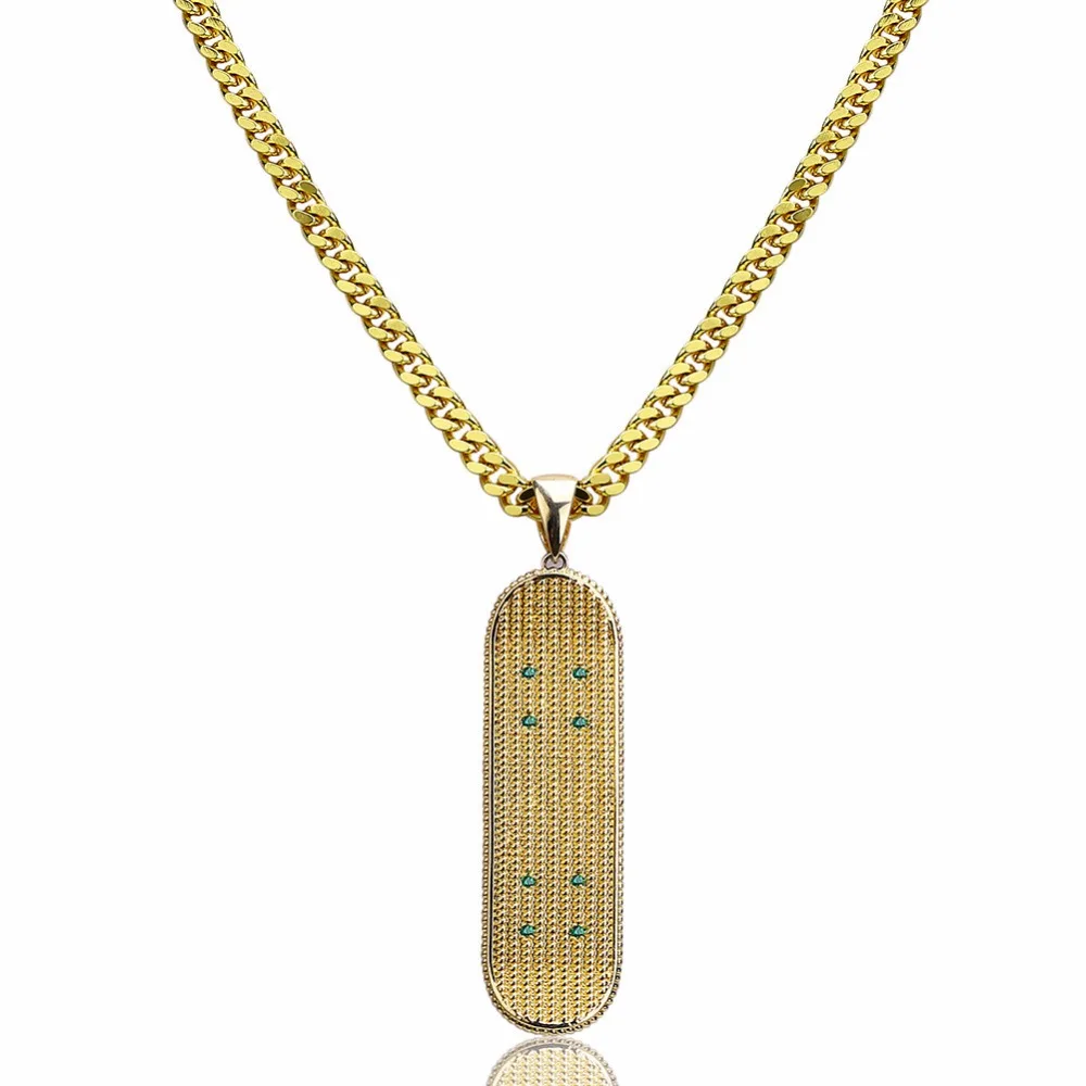 Men Women Hip Hop Skateboard Pendants Necklaces Gold Color Rhinestone CZ Stone Bling Ice Out Fashion Rapper Sport Jewelry