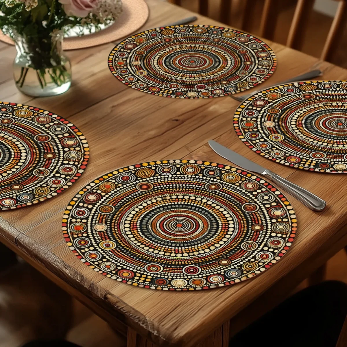 4-Piece Round Mandala Dot Mats - Bright Red Orange Gold Black and White Table Mats for Kitchen Dining Party Decor, Machine Wash, Summer Cutlery, Decorative Cutlery, High Quality Fabrics, Home Decor