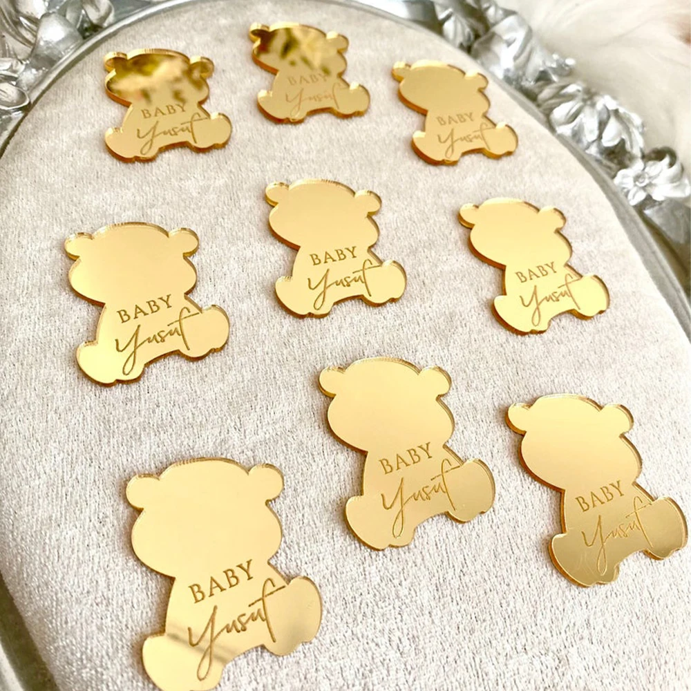 30/50/100pcs Personalized Bear Tag Custom Engraved Baby Name Date Baby Shower Princess Christening Birthday Party Tag Decor Gift