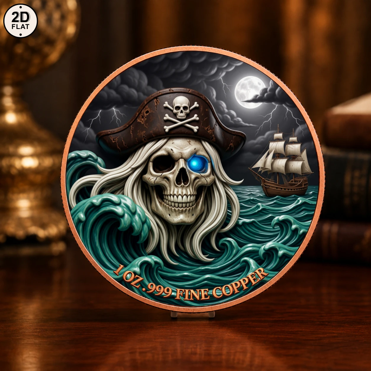 1pc Pirate Skull Ghost Ship 1oz .999 Fine Copper Challenge Coin Dark Captain Pirate Collectible Medal Ocean Storm Wave Souvenirs