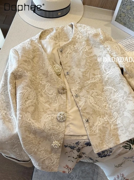 

Heavy Pearl Single-Breasted Vintage Floral Embroidery Round Neck Short Coat Elegant Versatile Trendy Loose Slim Coats Autumn
