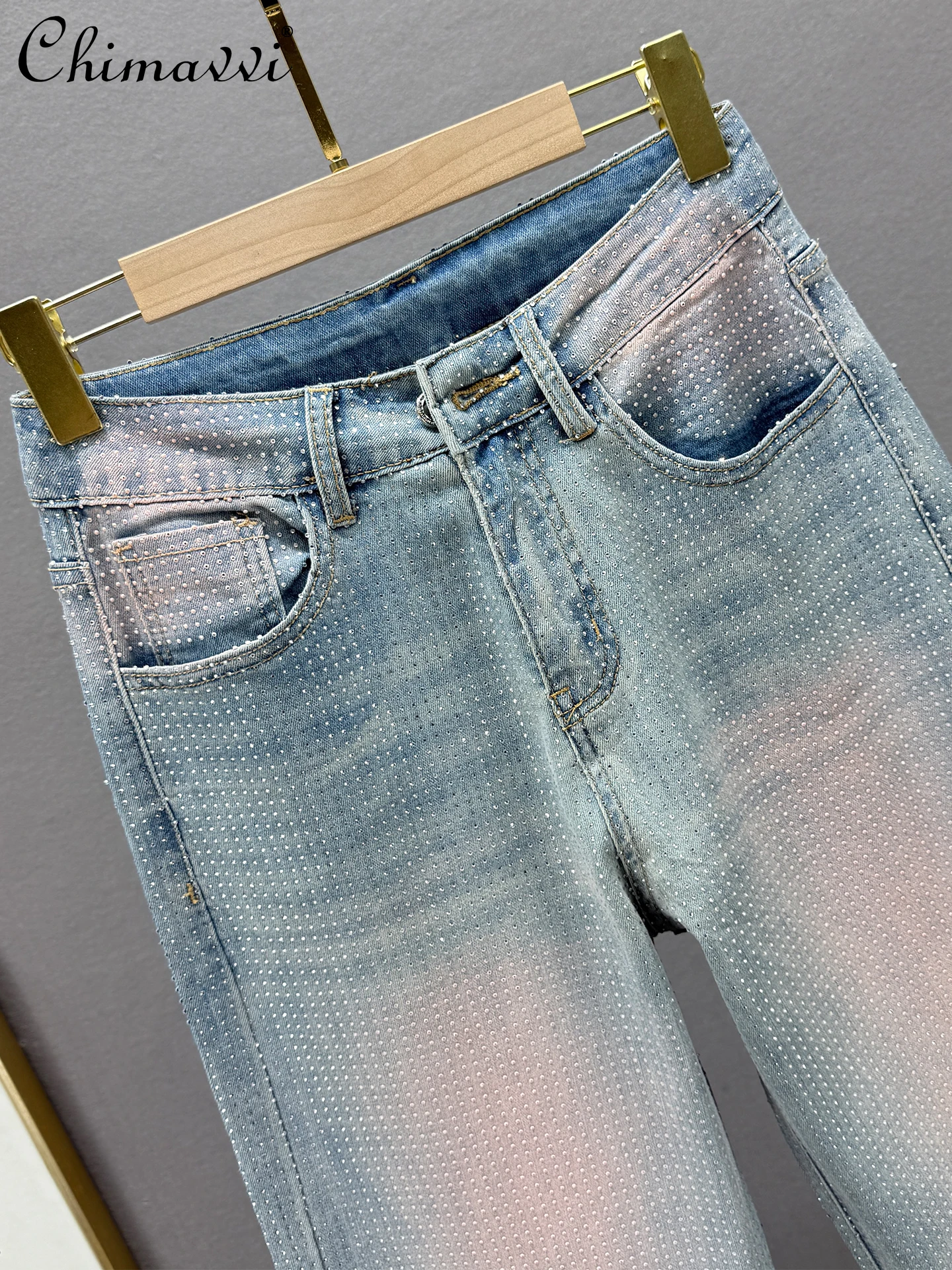 무거운 핫 다이아몬드 데님 스트레이트 바지 여성 봄, 여름 새로운 패션 높은 허리 하이 스트리트 유럽 바닥 Mopping 바지