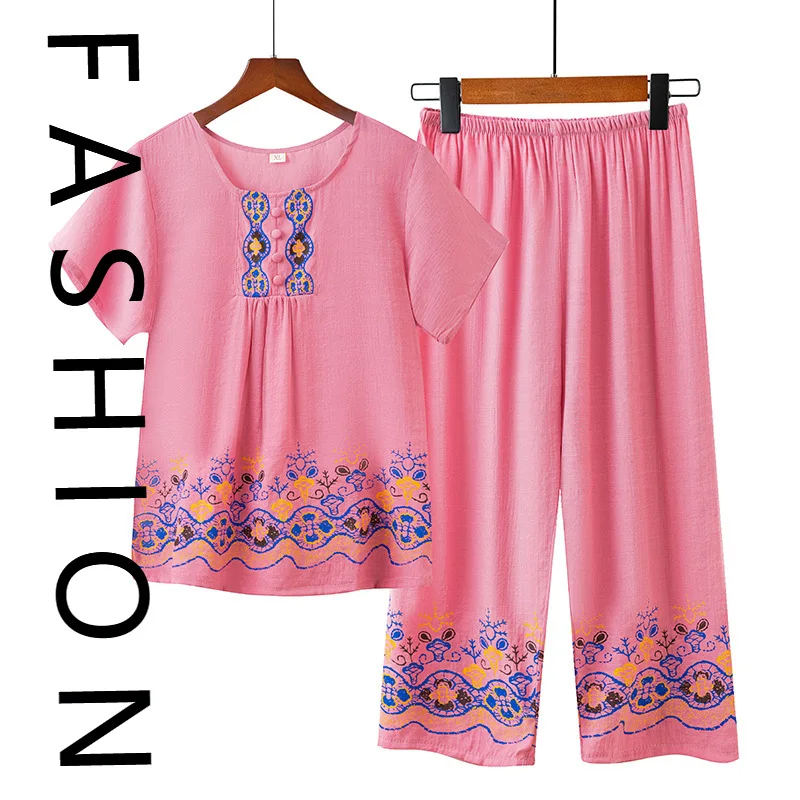 

Cotton and linen mother pajamas women's summer short-sleeved suit summer thin in the elderly casual loungewear can wear new mode
