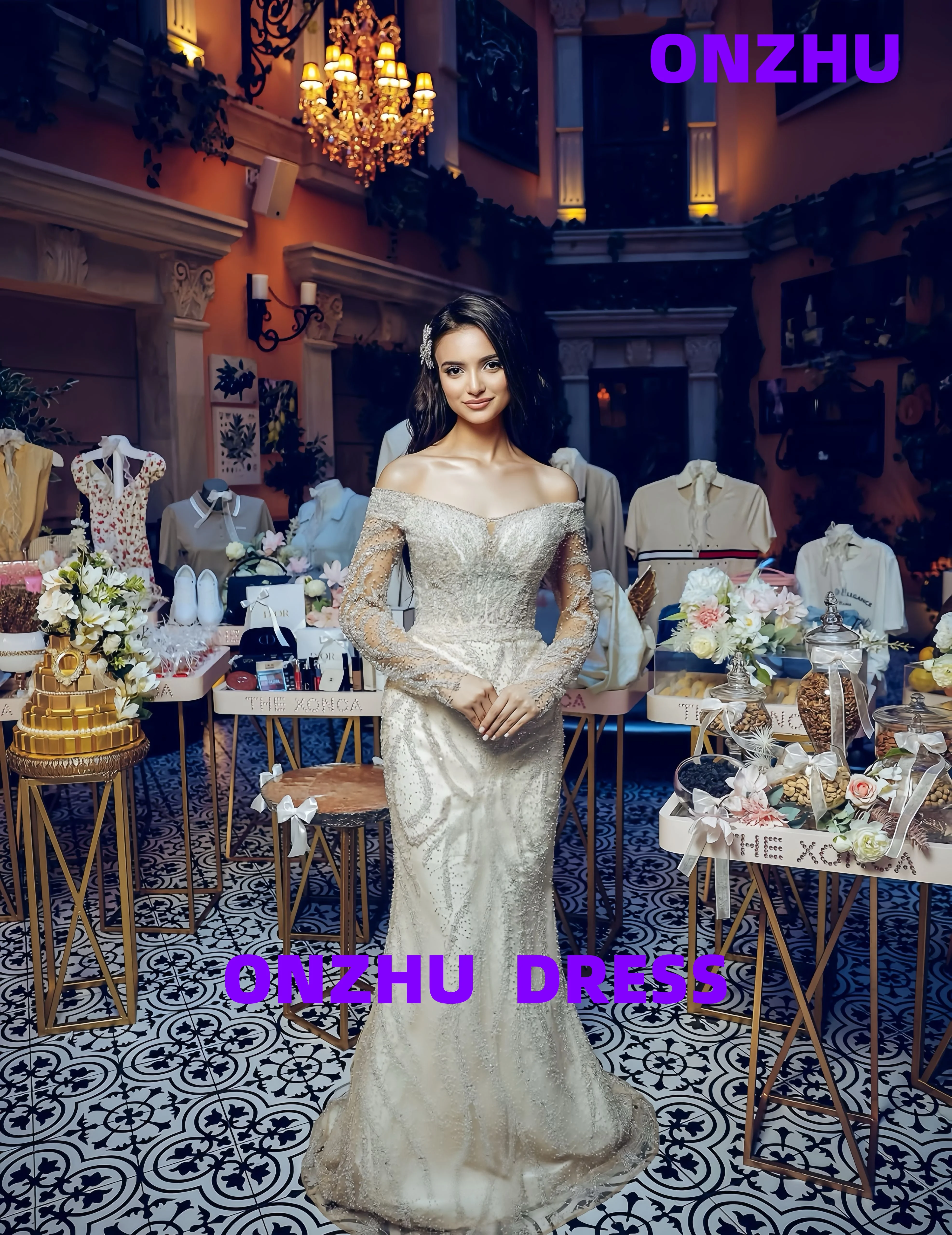 

Customized sweet collar long sleeves mermaid elegance amanda 's novias luxurious evening dresses women evening dress