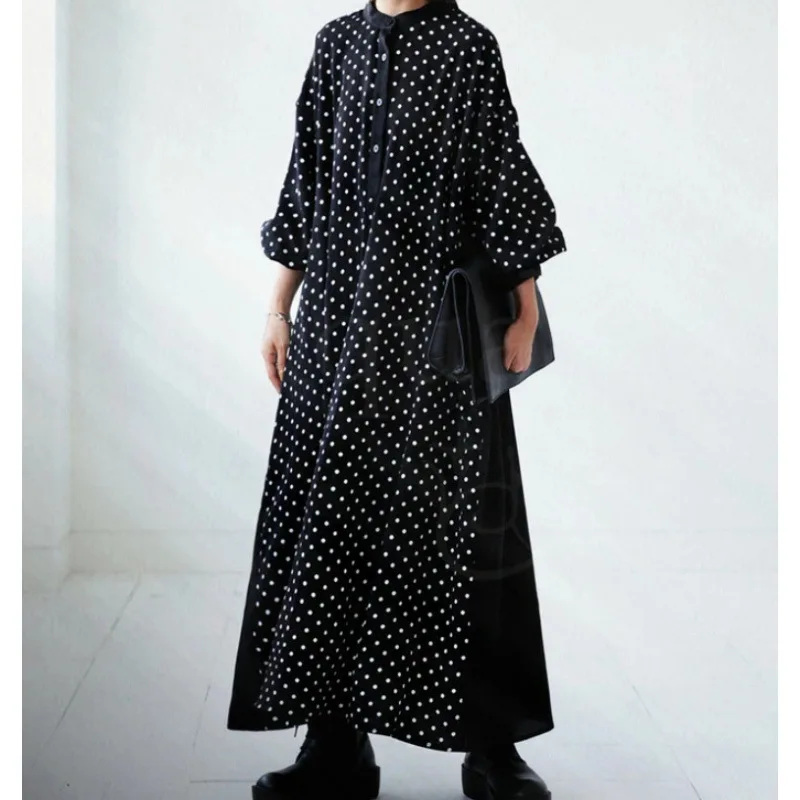 فستان نسائي طويل موجة نقطة طباعة فساتين المرقعة الياقة المستديرة زر فضفاض ألف خط مكتب سيدة 2025 الخريف خمر Vestidos #1