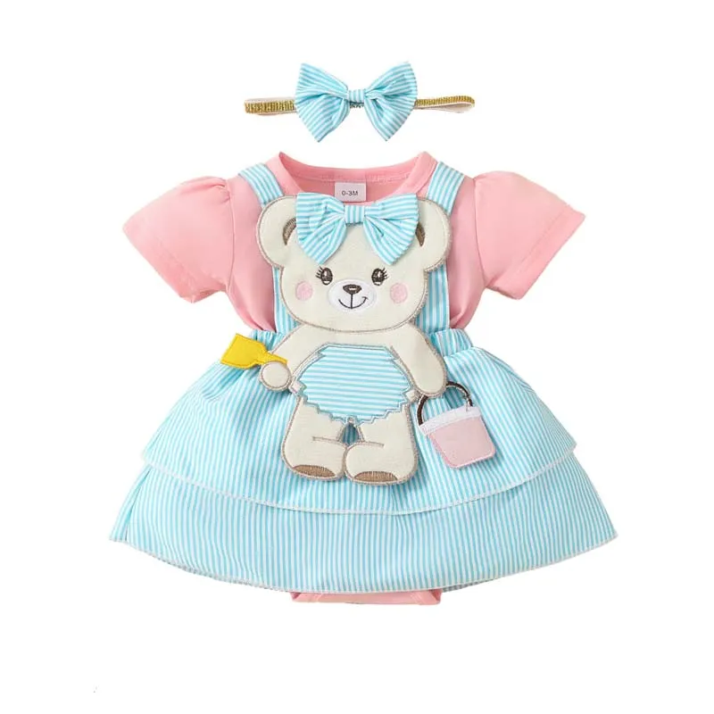 Newborn Baby Girl 2Pcs Set Adorable Cartoon Bear Bodysuit Striped Skirt Set with Matching Bow Headband Infant Outfits 0-1 Years