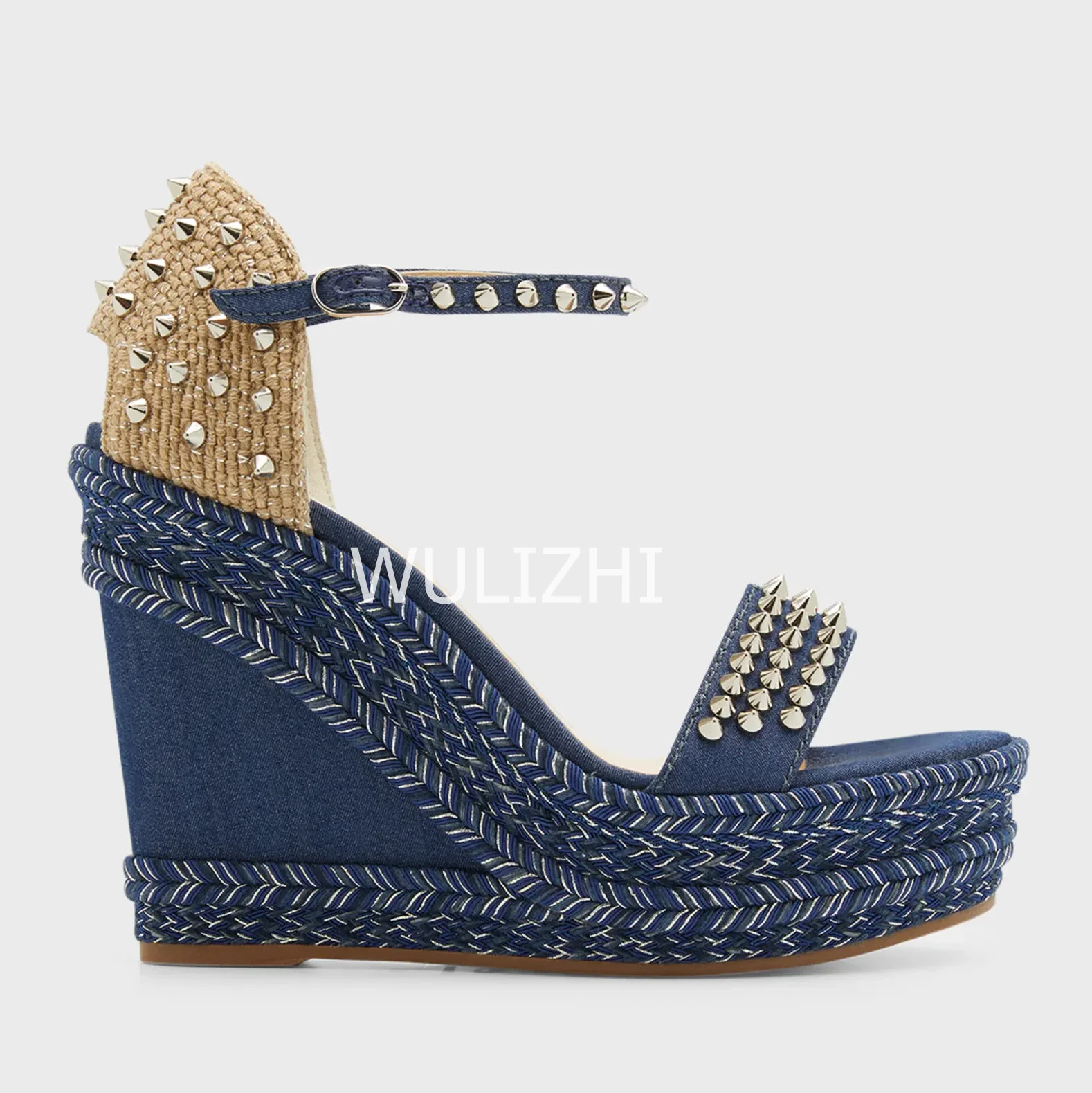 Women\'s Dark Black Blue Denim High Wedge Espadarille Metal Stud Heel Sandals Low Platform Mixed Colors Patchwork Appliques Shoes