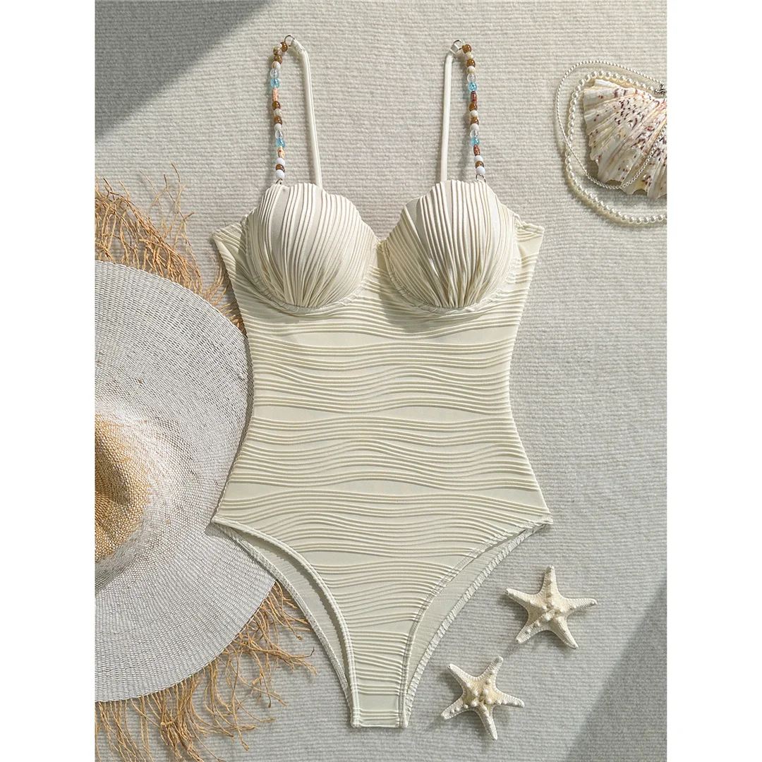 Gefalteter, farbenfroher Badeanzug mit Bügeln und Perlen für Damen, einteiliger Badeanzug, Monokini mit hohem Beinausschnitt, Badebekleidung, Badeanzug, Modell V8301. – Detail 8
