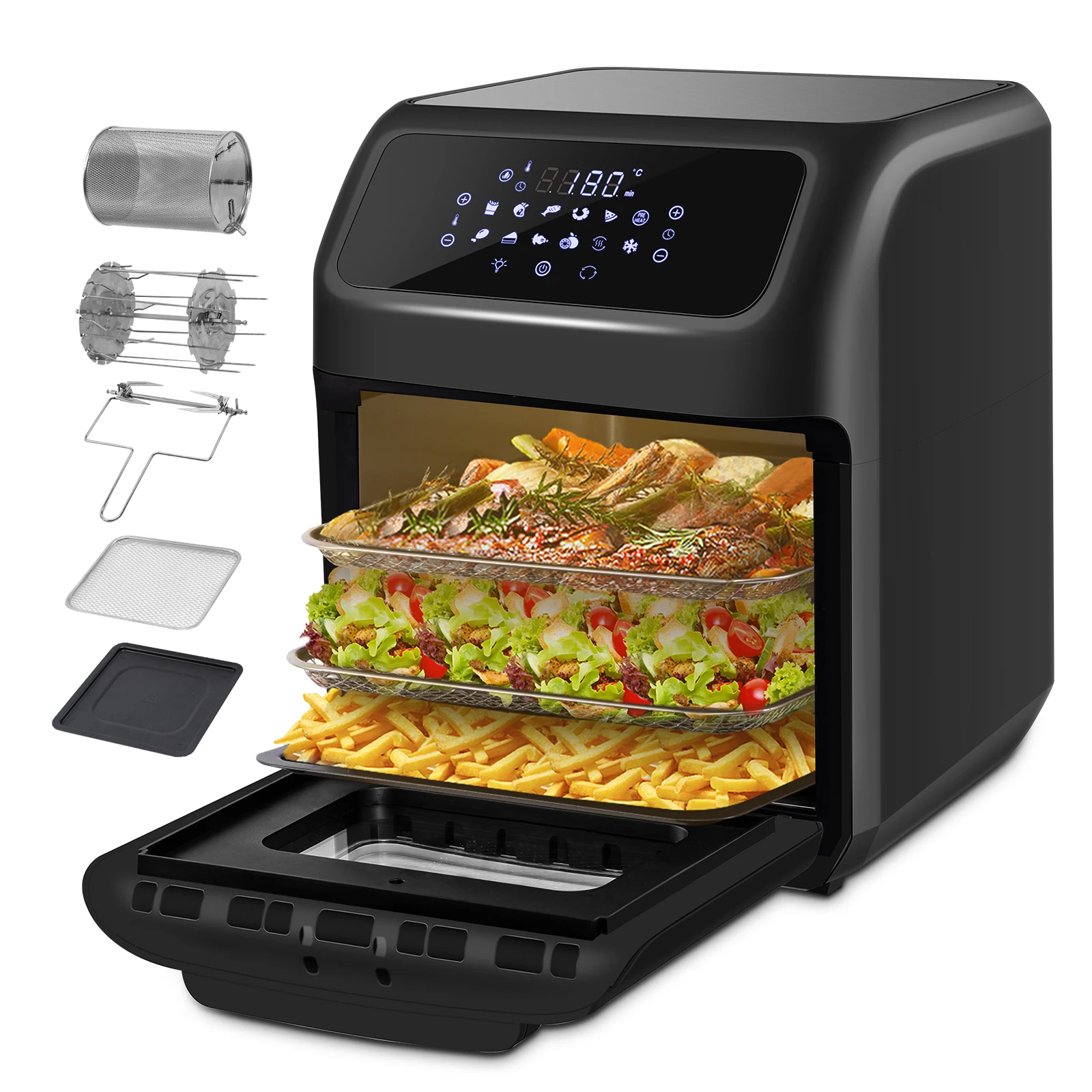 LLIVEKIT Freidora de Aire Caliente de 12L, Horno de 1800 W con 12 Funciones, Pantalla LED Digital, 7 Accesorios, Cocina sin Aceite para la
