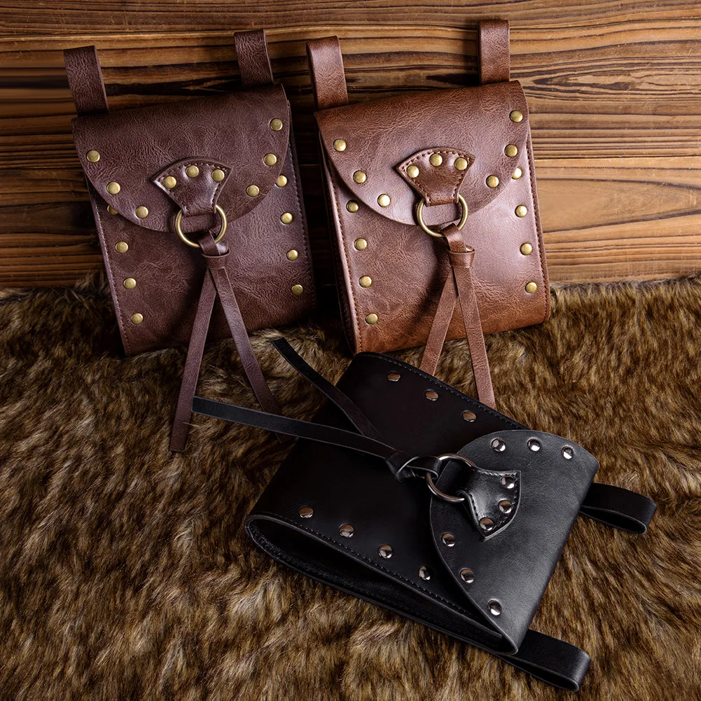 Unisex Retro Steampunk Medieval Punk Style Fanny Packs Pu Leather Coin Purse Belt Waist Bag Drawstring Hip Belt bag Cosplay Prop
