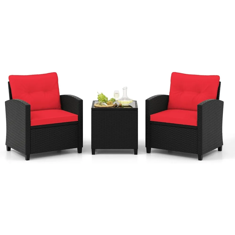 

3 Pieces Patio Furniture Set, Rattan Conversation Set w/Soft Seat & Back Cushions, Tempered Glass Topped Coffee Table, Cushione