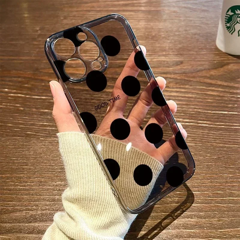Simple Fashion Polka Dots Transparent Phone Case for iPhone 16 14 15 11 12 13 Pro Max 13Mini 7 8 15 Plus SE Black Clear Covers