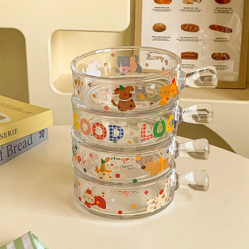 

Cute Dog Cat Transparent Glass Bowl Home Fruit Salad Bowl New High Beauty Ins Style Dessert Bowl Cartoon Handle Heat Proof Bowls