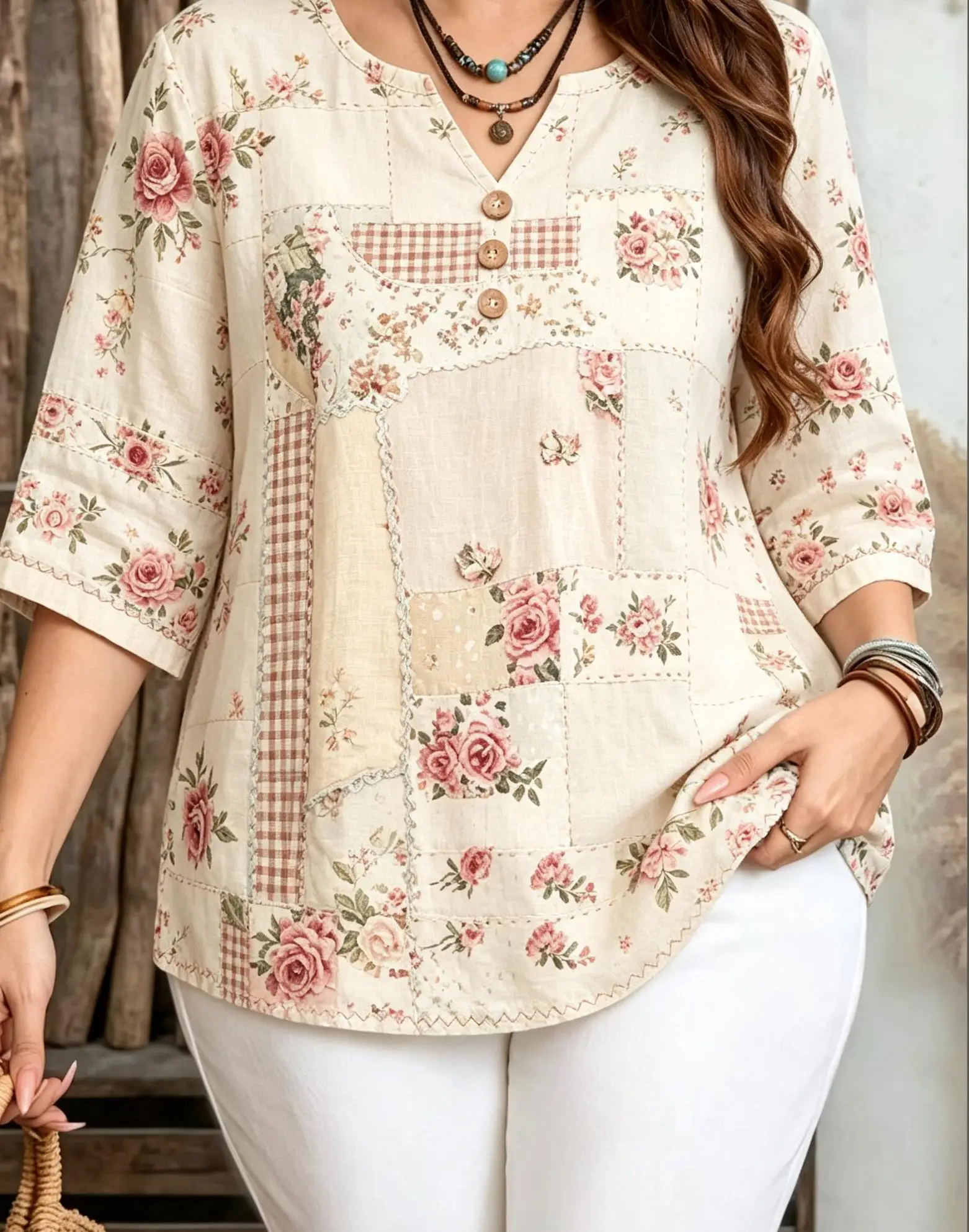 Plus Size Patchwork Tulip Floral Blouse Notch V Neck 3/4 Sleeve Wooden Buttons Loose Casual Women Top