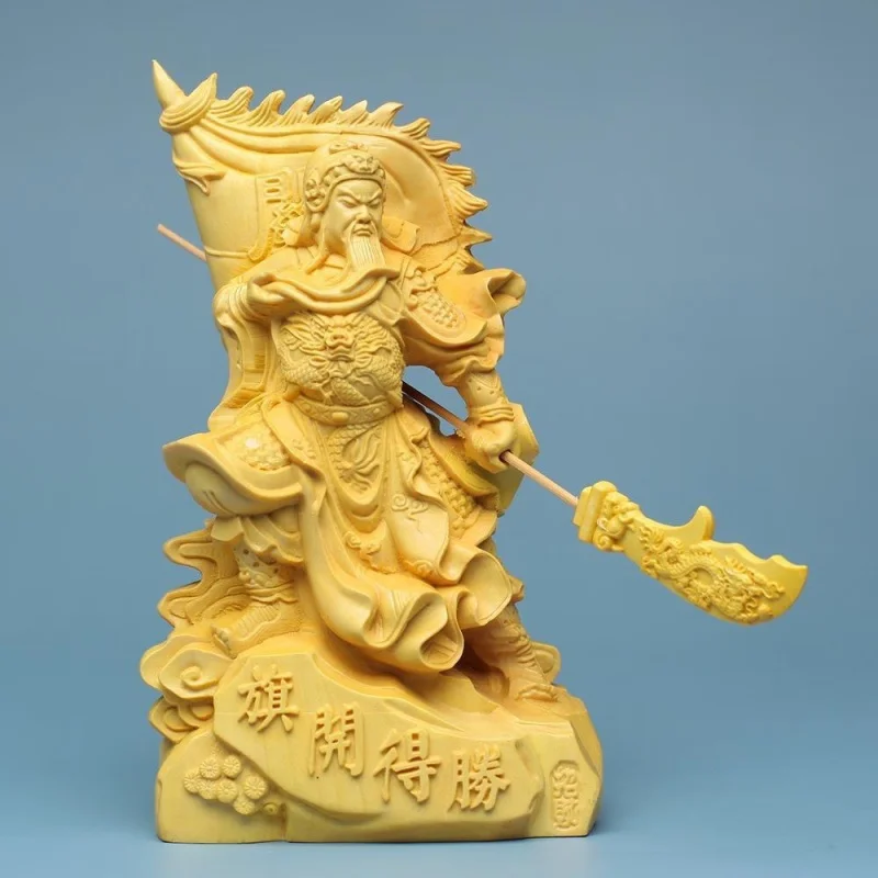 Taihang Thuja Sutchuenensis Battle Flag Guan Gong Ornaments High16cm Solid Wood Carving Lord Guan the Second God of War and Weal