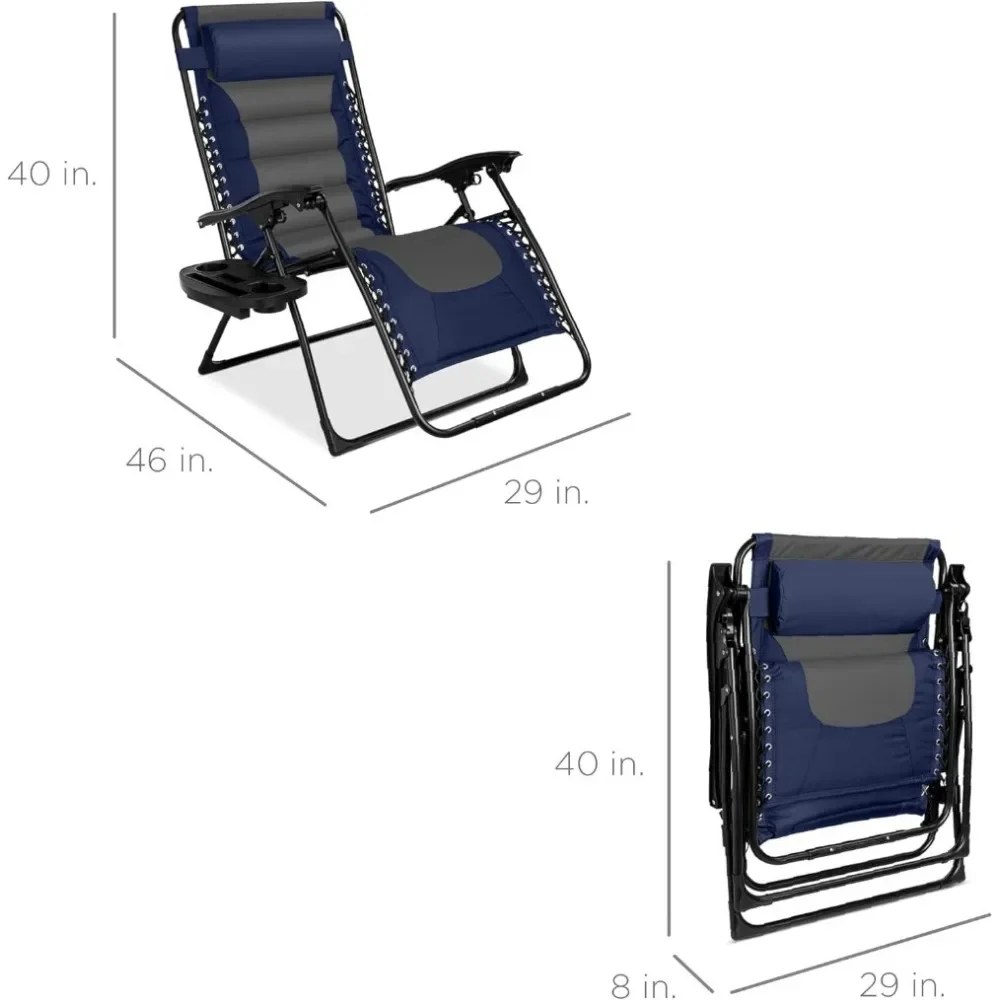 Sillón reclinable plegable para patio al aire libre, tumbona antigravedad XL para patio trasero con reposacabezas, portavasos, bandeja lateral