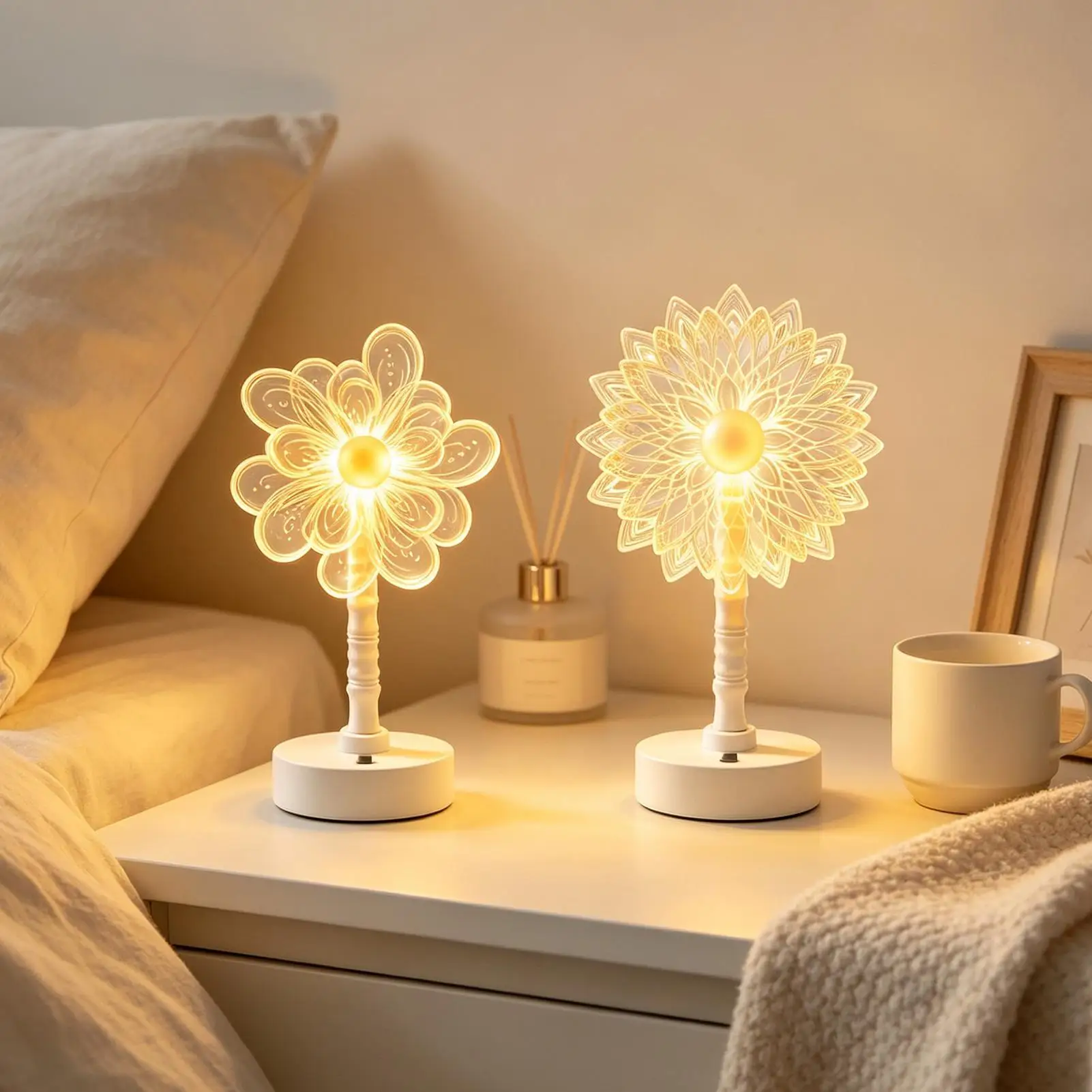 Flower Bedside Lamp Sleep Light Warm Glow Battery Operated Cute Nightstand Lamp For Home Apartment Bedroom Study Room Desk