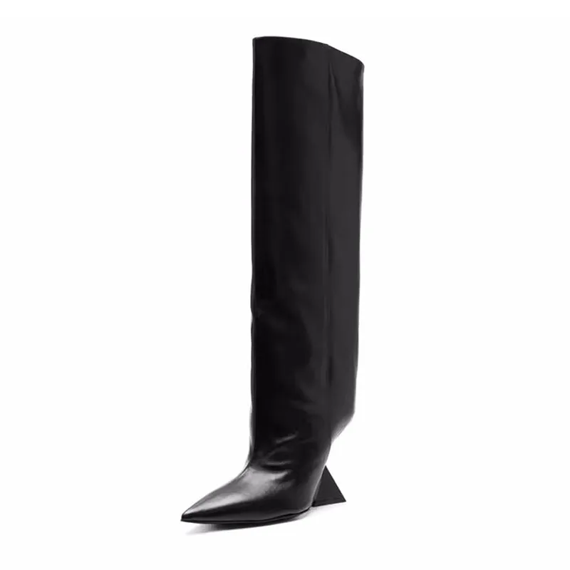 Arden furtado 2024 preto joelho botas altas para mulher dedo do pé apontado bezerro largo pull-on cunhas salto alto azul branco elegante botas bronzeadas