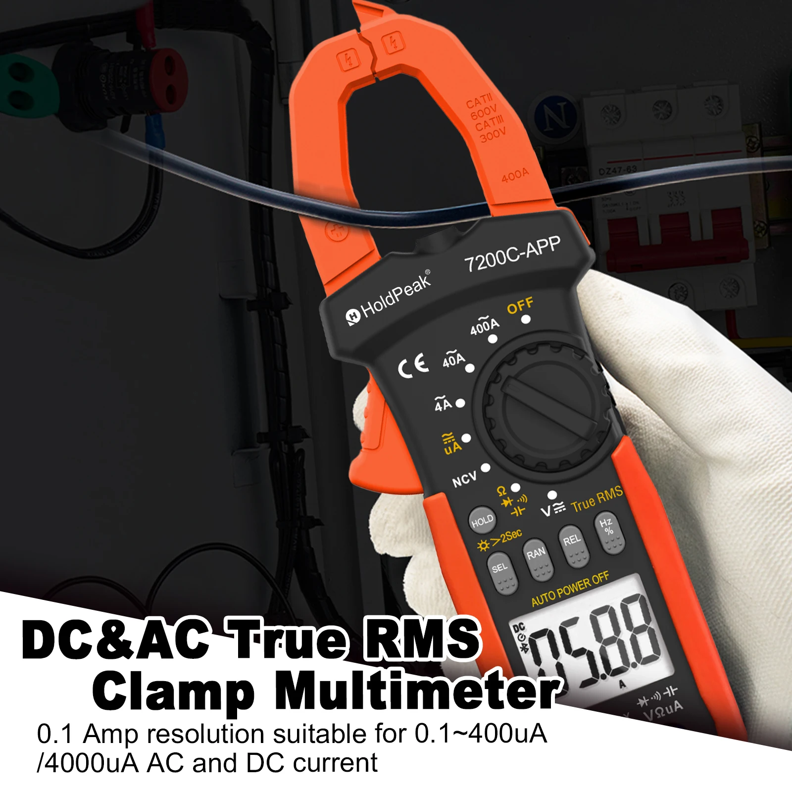 7200C-APP Clamp Multimeter,True RMS, 400A AC/DC Current,0.1A Resol,NCV Detection,APP Data Logging,for Electrical Maintenance