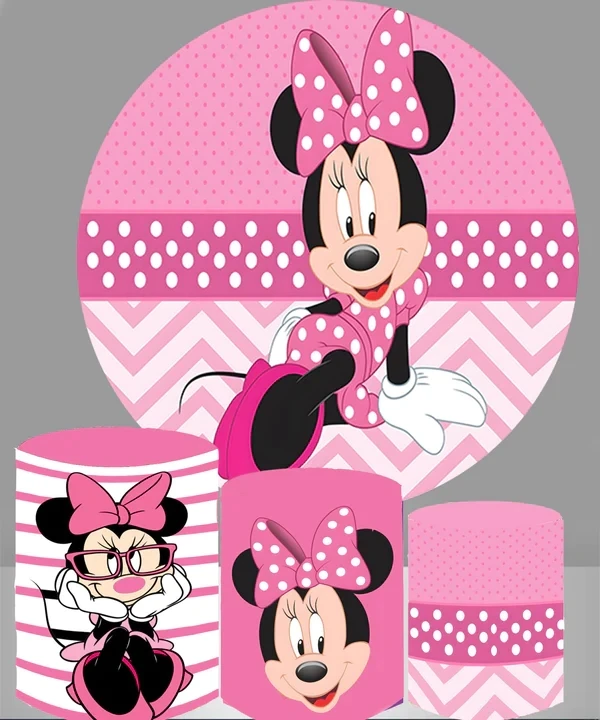 Minnie Mouse Round Backdrop Decoration Pink Girls Birthday Party Cylinder Plinth Covers Mickey Mouse Photo Background