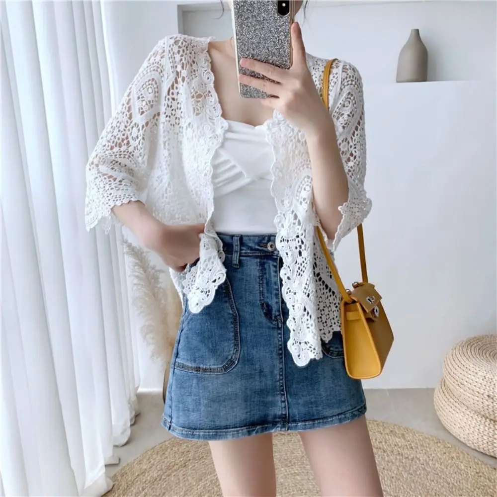 Fashion 3/4 Sleeves Knitted Shrug Hollow Boho Style Crochet Cardigan Open Front Cardigan Summer