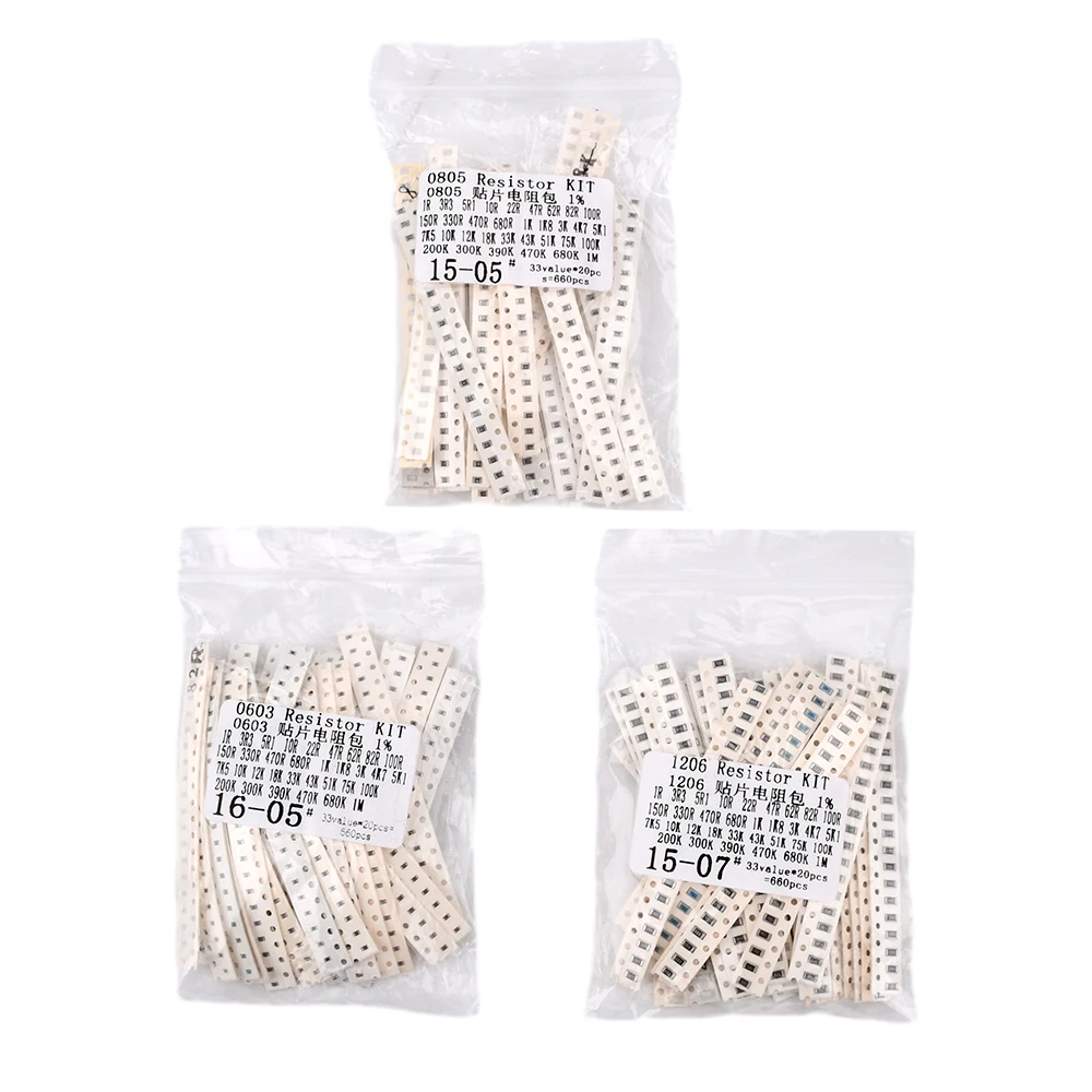 660PCS 1206 0805 0603 SMD Resistor Kit Assorted Kit 1R 3R3 5R1 10R 22R 47R 62R 82R 100R 1K 10K 100K 680K 1M 1%