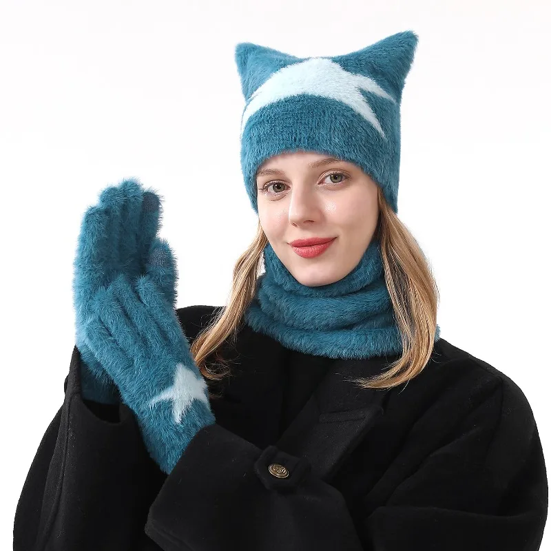 

Новая вязаная шапка женская зимняя теплая вязаная шапка со звездами и кошачьими ушками шарф перчатки комплект из 3 предметов