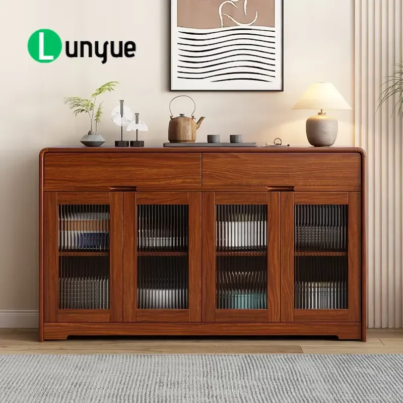 Modern Solid Wood Sideboard Cabinet with Grooved Glass Doors Large Storage Adjustable Shelves Wide Buffet Table for Living
