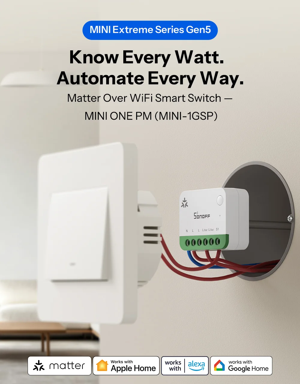 SONOFF MINI-1GSP MINI ONE PM Matter-Over-WiFi-Smart-Schalter, Überlastschutz 16A, Intelligente Energiemonitoring, Matter-Kompatibilität, Apple Home – Detail 1