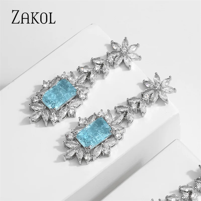 ZAKOL Vintage Square Leaf Cubic Zirconia Drop Earrings for Women Luxury Exquisite Royal Blue CZ Wedding Banquet Jewelry EP5361