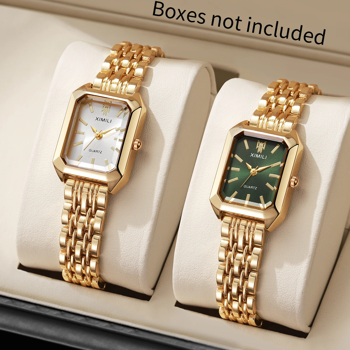 Women Gold Square Quartz Watch Green White Dial Thin Steel Band Wristwatch