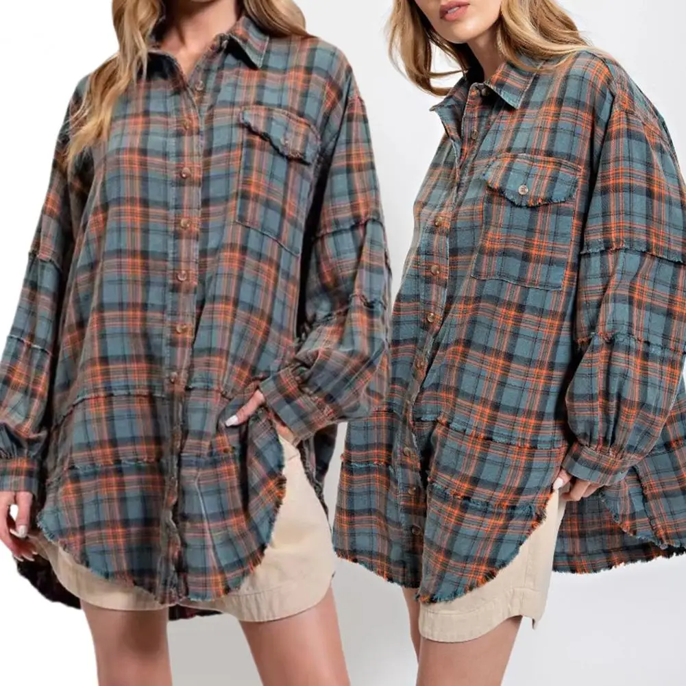 Women Checkered Shirt Lapel Long Sleeve Shirt Tops Single Breasted Distressed Tassel Edge Oversized Fit Blouse With Flap Pockets