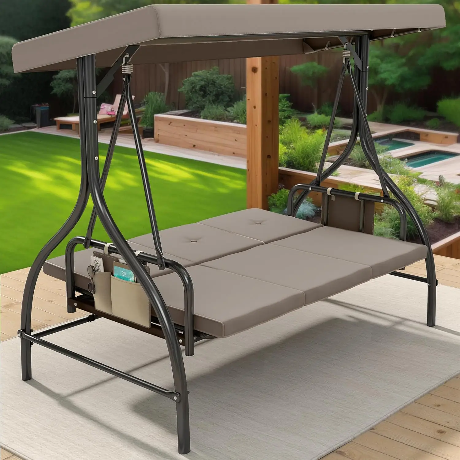 YITAHOME กลางแจ้ง Porch Swing 3 คน Patio Swing เก้าอี้ปรับ Canopy เบาะถอดได้สวนริมสระน้ําระเบียงสีเทา