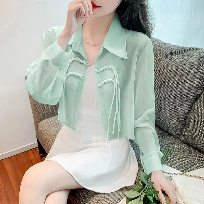 

Cropped Shirts Women Temper Elegant Chinese S-3XL Gentle Minimalist Aesthetic Spring Long Sleeve Clothes Fashion Streetwear Thin