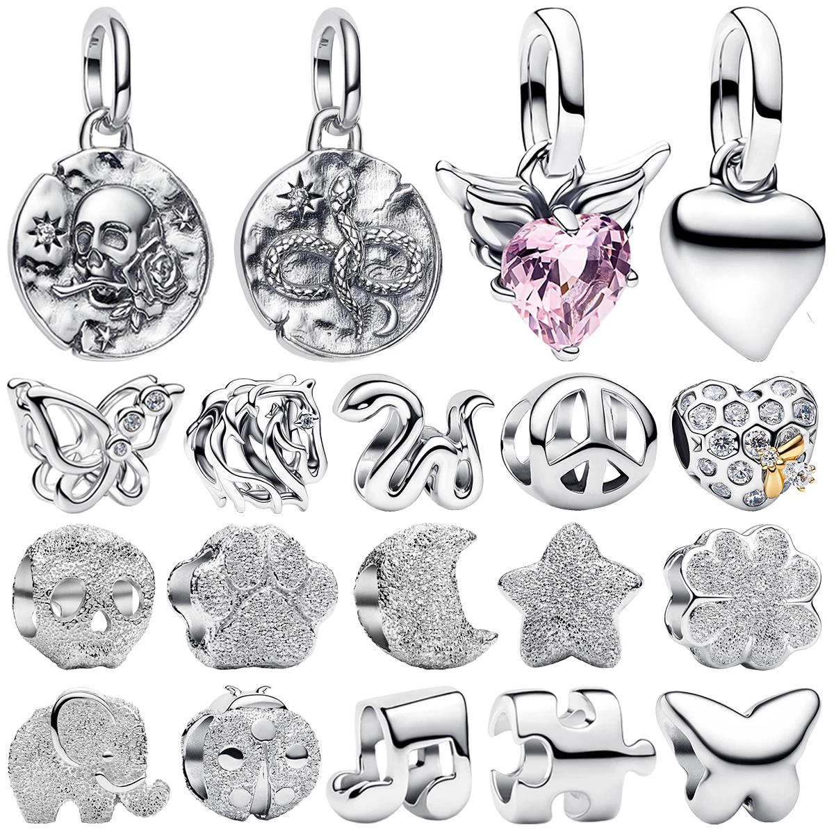 S925 Silver Relief Carved Coin Seal Charms Snake Cutout Butterfly Peace Sign Moon Ladybug Beads DIY Bracelets Parts Fine Jewelry