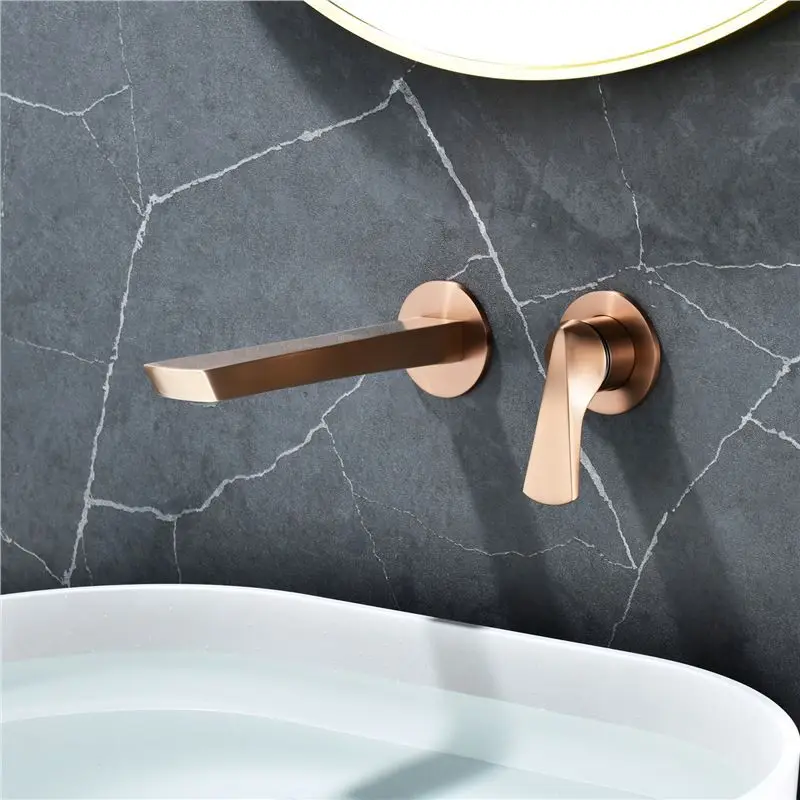 

Wall Mounted Basin Sink Faucet One Handle Bathroom Hot and Cold Mixer Tap Dual Hole Restroom Vessel Sink Faucet Rose Gold