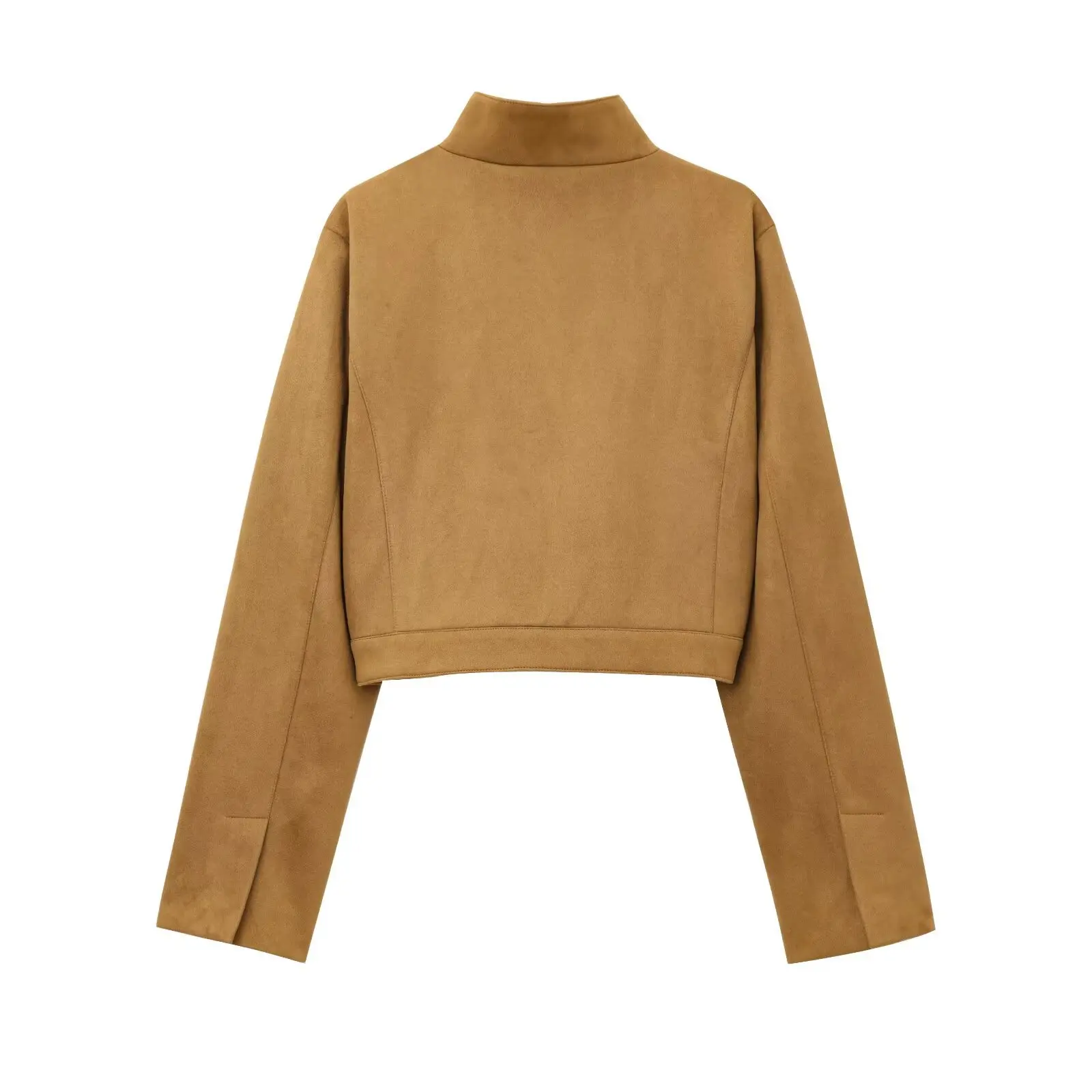 Camel Cropped Jacket Stand Collar Full Zip Up Mini Chest Pocket Drop Shoulder Loose Minimalist Vintage Moto Women Outerwear