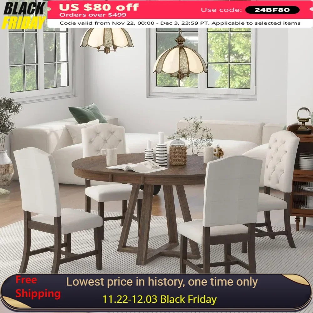 5 Piece Dining Room Set, Extendable Round Table with Upholstered Chairs for Small Space of 4, Wood Dining Room Set