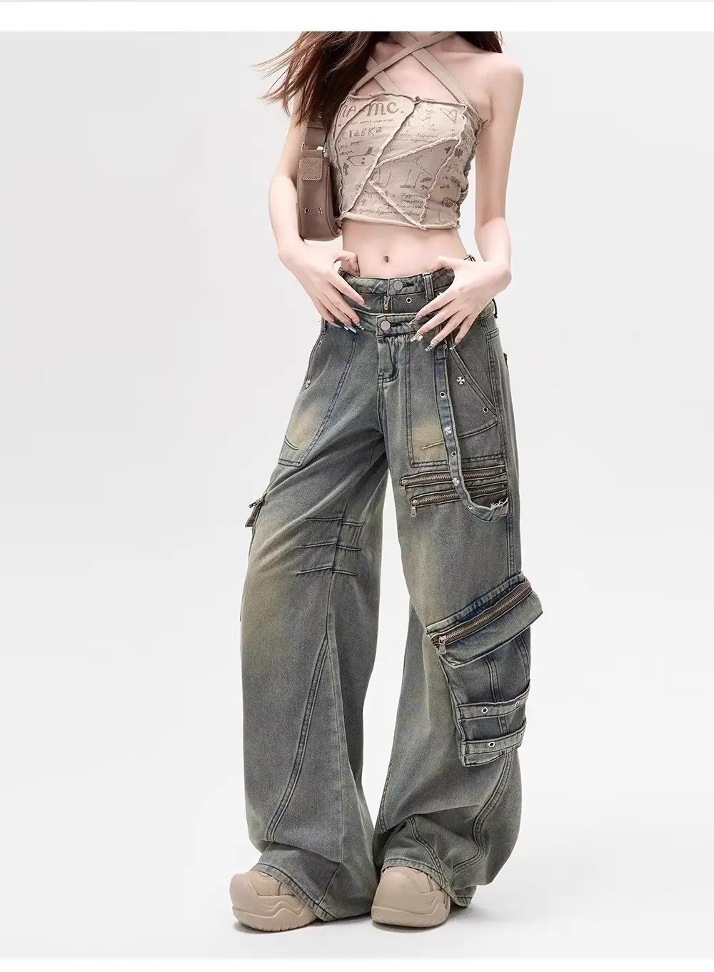 American style large pocket irregular ribbon wide leg jeans women's high street washed new men's loose street clothes floor pant