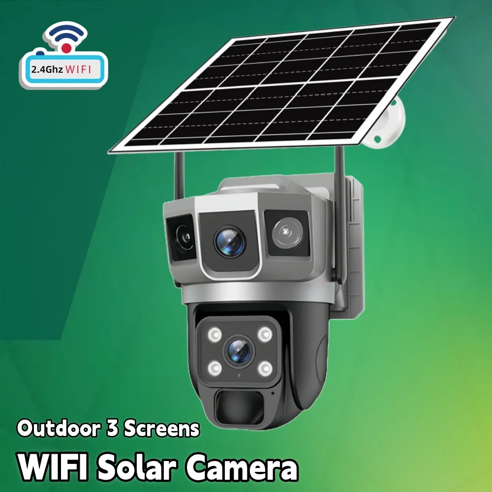 

Солнечная камера Wi-Fi IP-камера 12 МП с тройным экраном 360° ° Видеомонитор PIR Обнаружение человека Ночное видение Безопасность и безопасность Наружная камера