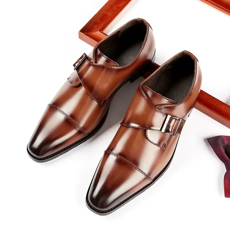 Men Genuine Cow Leather Dress Shoes Single Buckle Monk Strap Shoe Cap Toe Classic Business Gentlemen's Wedding Shoes for Men
