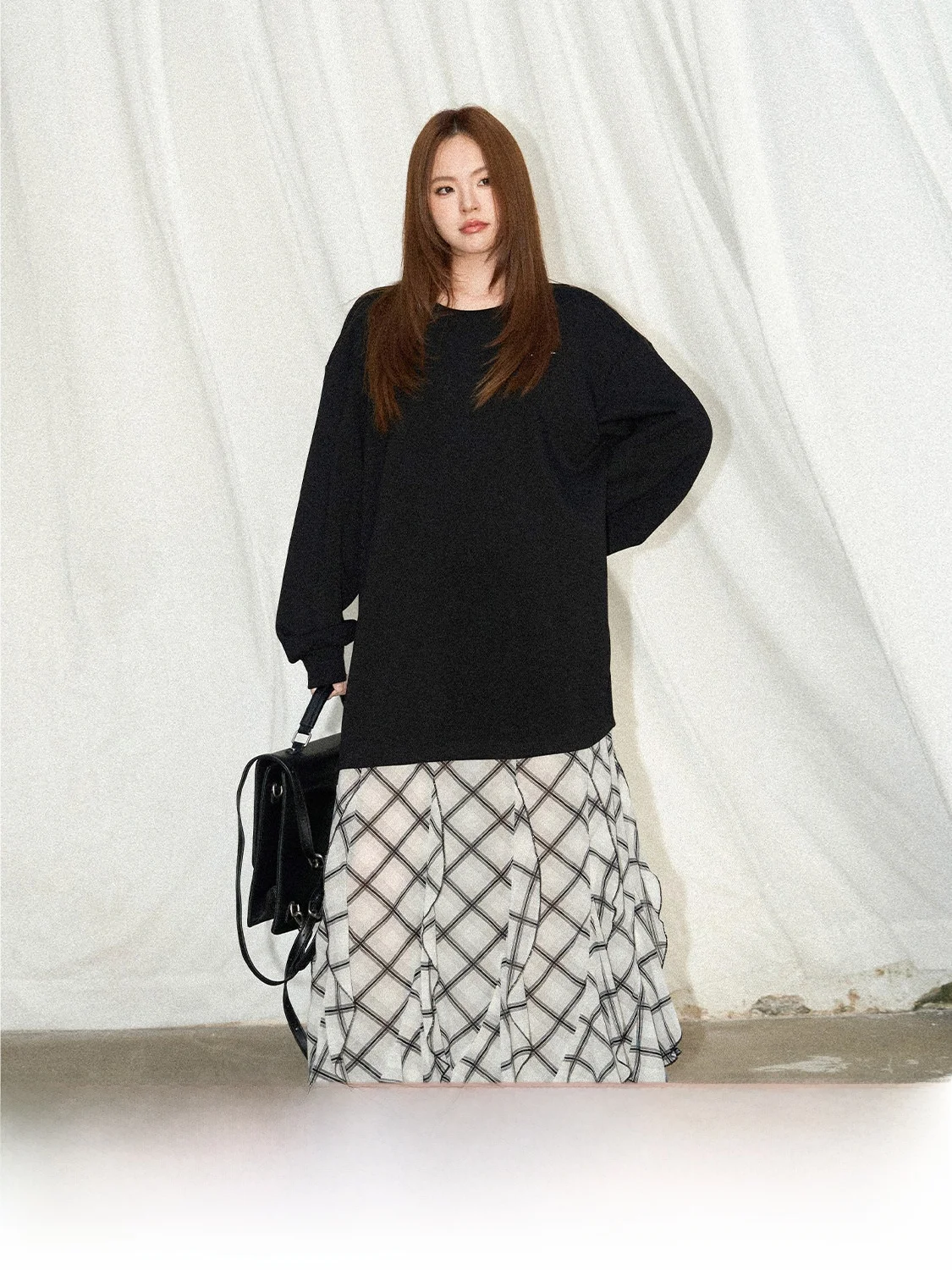 JINGU een Label Lazy Girl Skirt Embroidered Paneling Fake Two-Piece Dr Casual Sle round Ne Long Sve Midi Dr