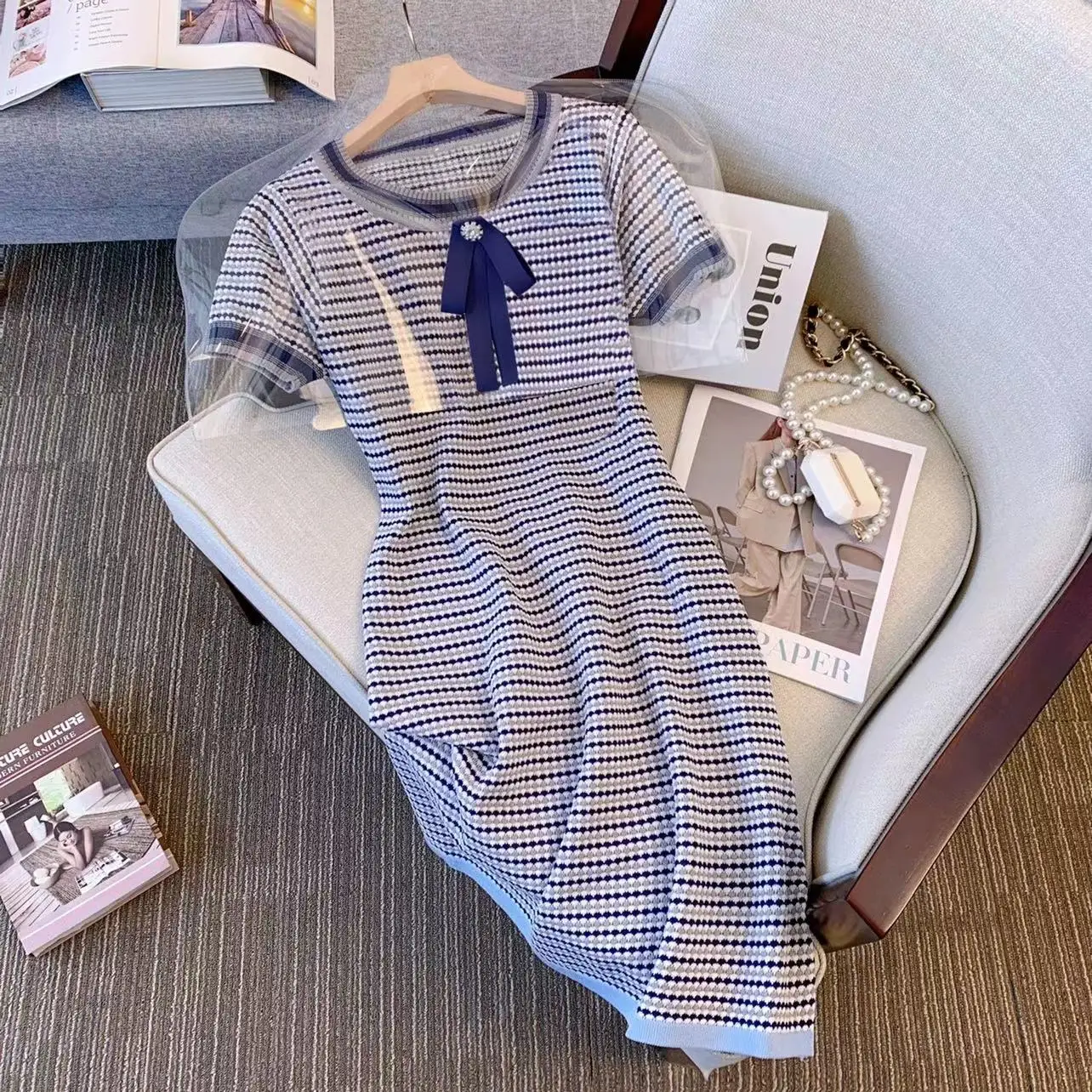 ผู้หญิงสี Patchwork Bows Hem ถักชุดมินิสีฟ้า O คอแขนสั้นยืด Bodycon ชุดลําลอง Vestidos